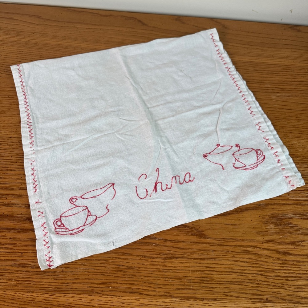 Vintage‎ Redwork Hand Embroidered Tea Towel China Teacup Teapot White Cotton